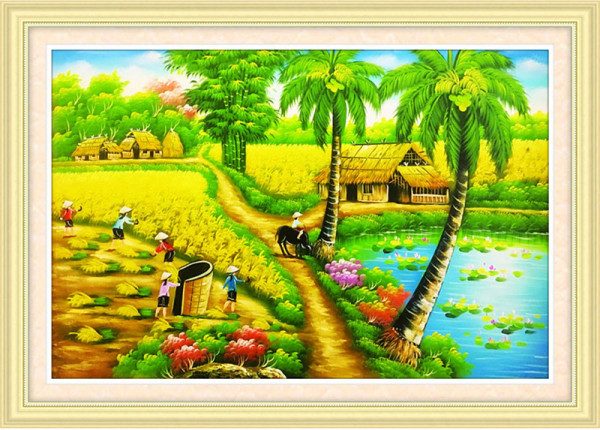 Tranh thêu chữ thập phong cảnh đồng quê