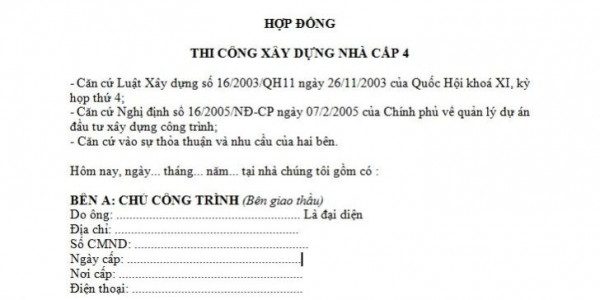 hợp đồng xây dựng nhà cấp 4